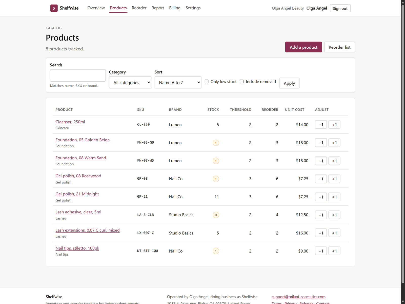 The Shelfwise products list. Columns are Product, SKU, Brand, Stock, Threshold, Reorder, Unit cost and Adjust. Rows include Gel polish 08 Rosewood with stock 1 shown in an amber warning badge, Foundation 05 Golden Beige, and Lash adhesive clear 5ml with stock 0. Each row ends with a minus one button and a plus one button, and there are filters for search, category and sort above the table.